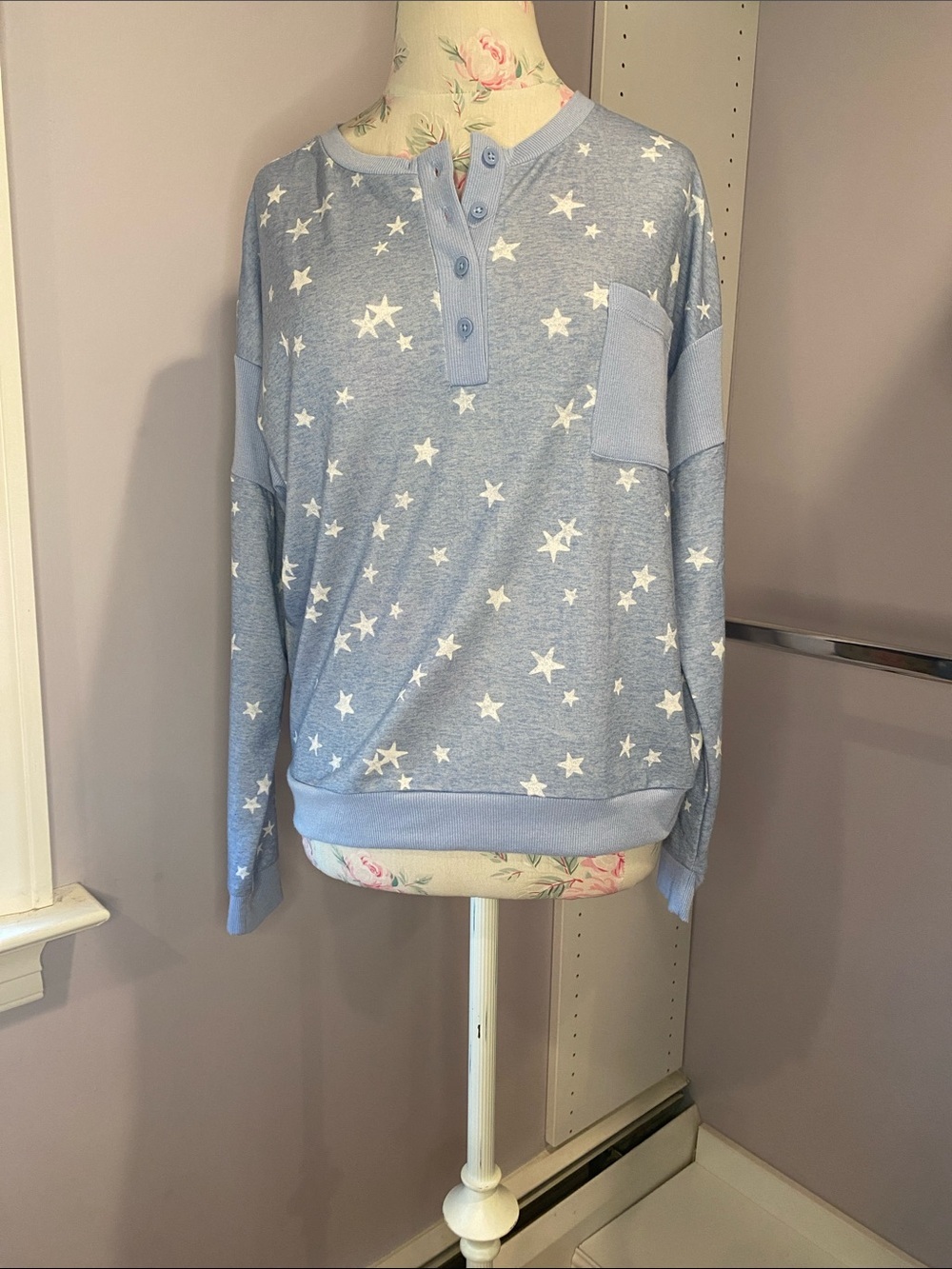 Splendid Light Blue Star Print Henley Sweatshirt